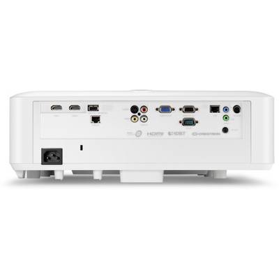 Rückansicht eines Projektors mit verschiedenen Anschlussmöglichkeiten, darunter HDMI, VGA, USB und Audiobuchsen.