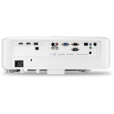 Die Rückseite eines Projektors mit verschiedenen Anschlüssen, darunter HDMI, VGA, USB und Audio-Ein- und Ausgänge.