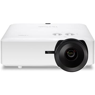 Weißer Projektor mit großer Linse an der Vorderseite, zwei Drehknöpfe und Markenname oben, geeignet für Präsentationen oder Heimkino.