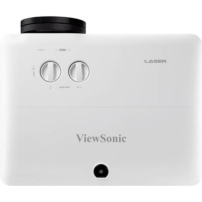 Ein weißer ViewSonic-Laserprojektor mit zwei Drehknöpfen zur Bildanpassung auf der Oberseite, geeignet für den Heimkinogebrauch.