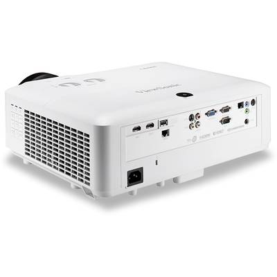 Weißer Projektor mit verschiedenen Anschlüssen auf der Rückseite, einschließlich HDMI-, USB- und VGA-Anschlüssen, auf weißem Hintergrund.