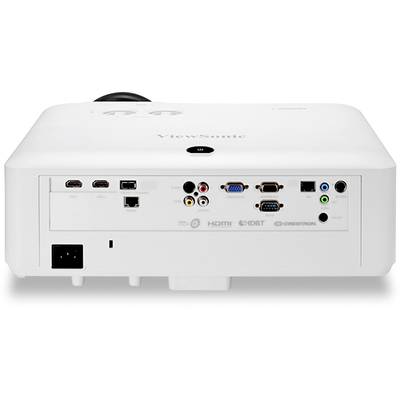 Projektor-Rückseite mit verschiedenen Anschlüssen: HDMI, USB, VGA, Audio- und Video-Eingänge. Markenlogo oben mittig.