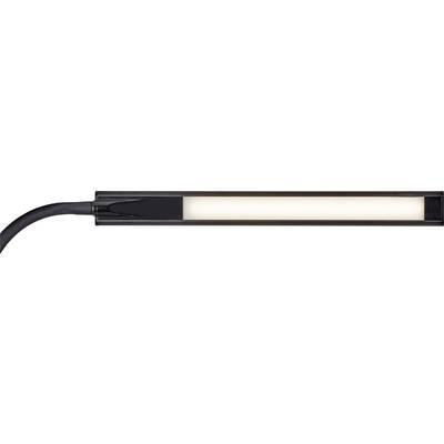 Schwarz-graue LED-Leuchte mit hellem, rechteckigem Lichtpaneel, angeschlossen an ein schwarzes Kabel.