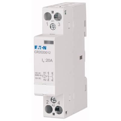 Ein weißes elektrisches Relais mit der Aufschrift 'EATON CR2020012 Ih: 20A', geeignet für 12V AC oder DC Anwendungen.