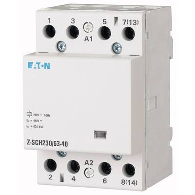 Ein Schützmodul von Eaton, Modell Z-SCH230/63-40, weiß, mit mehreren Anschlussklemmen und Beschriftungen für elektrische Anwendungen.