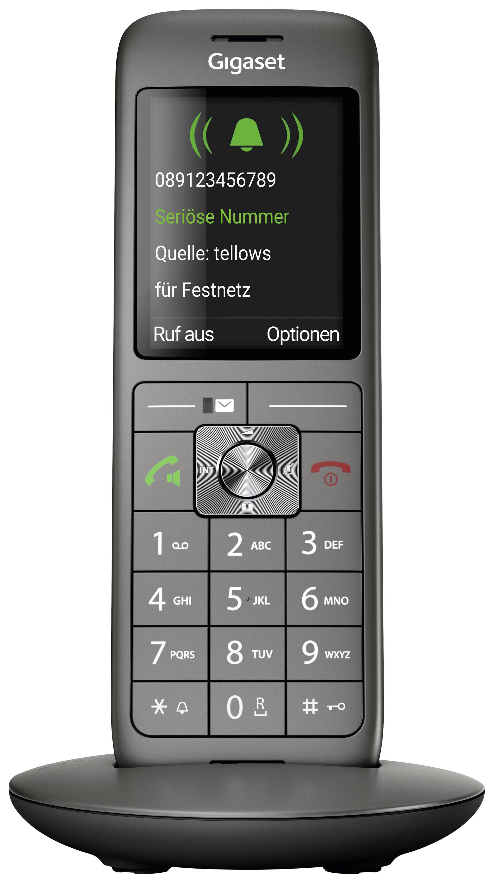 Ein kabelloses Festnetztelefon zeigt auf dem Display 'Seriöse Nummer' und eine Telefonnummer. Der Anbieter 'tellows' ist genannt.