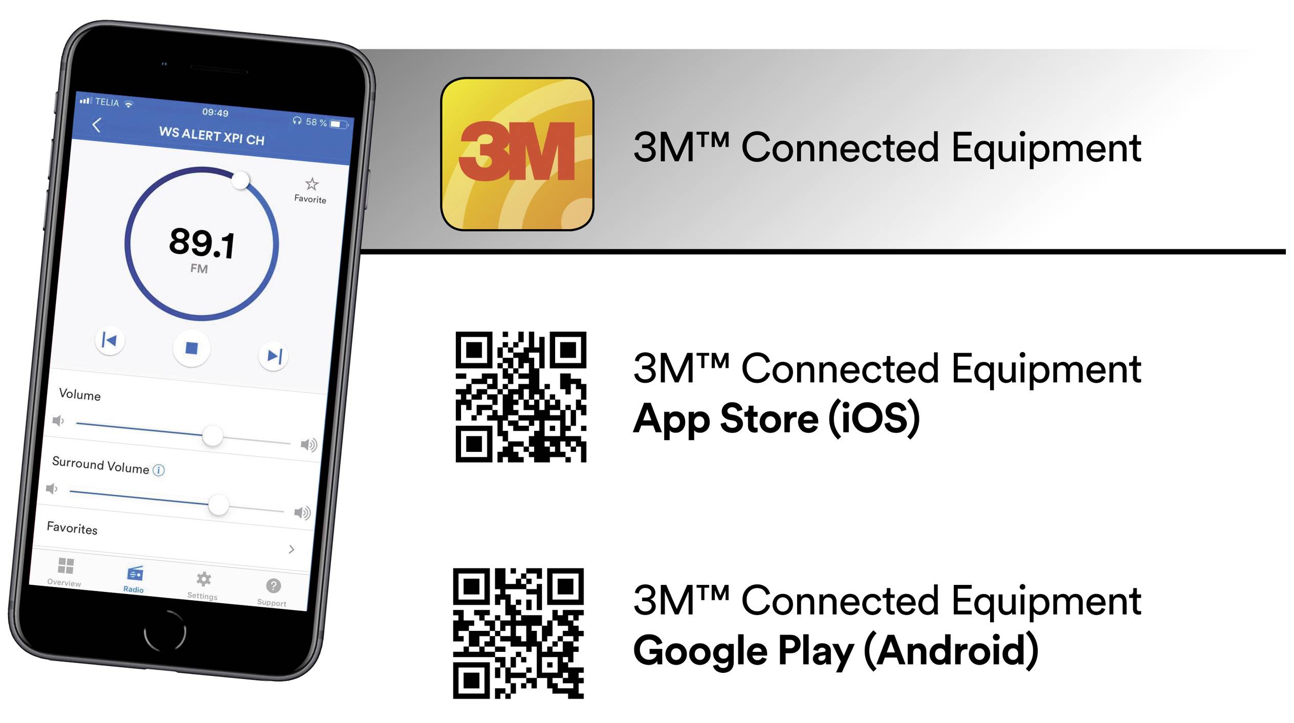 Smartphone mit geöffneter App '3M™ Connected Equipment'. Daneben QR-Codes: 'App Store (iOS)' und 'Google Play (Android)'.
