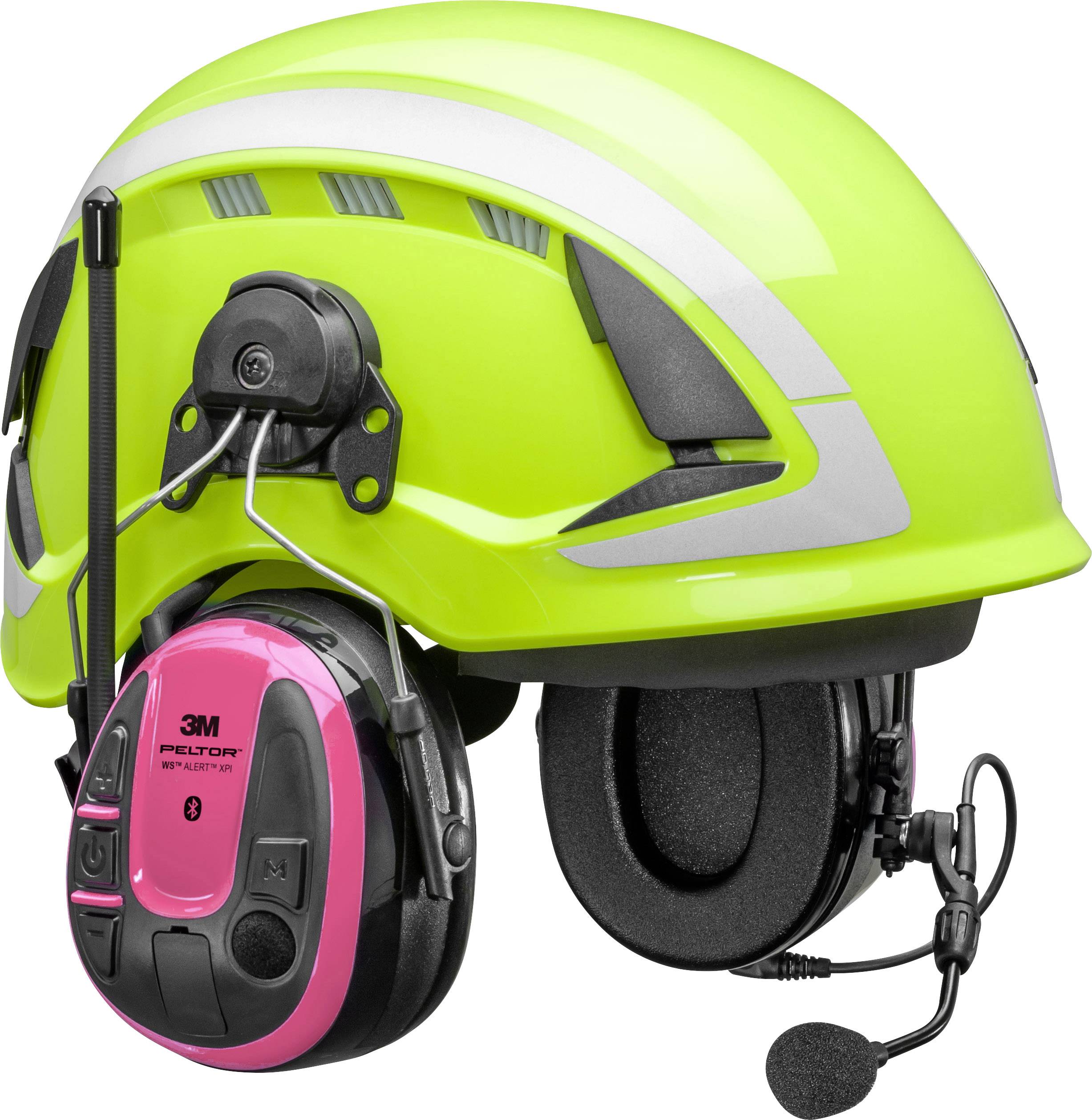 Ein leuchtend gelber Schutzhelm mit einem pink-schwarzen Gehörschutz ausgestattet, inklusive Mikrofon für Kommunikationszwecke.