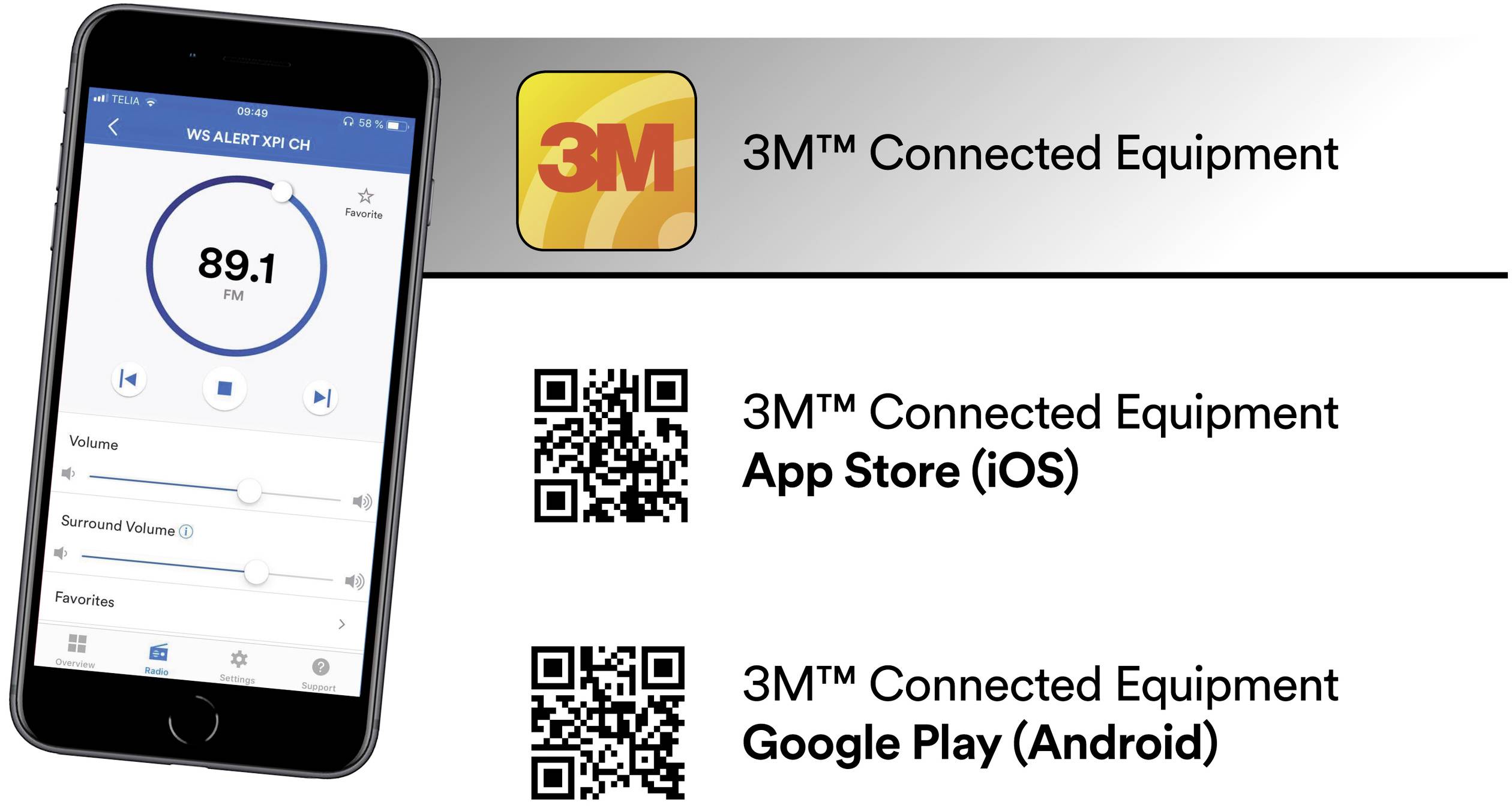 Smartphone mit App 'WISE ALERT' zeigt Lautstärkeeinstellungen. Daneben 3M-Logo und QR-Codes für App-Downloads im App Store und Google Play.