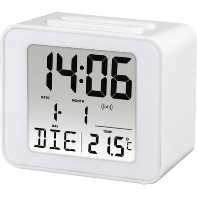 Digitaler Wecker zeigt Uhrzeit 14:06, Datum 1. Januar, Wochentag Dienstag, und Temperatur 21,5°C.
