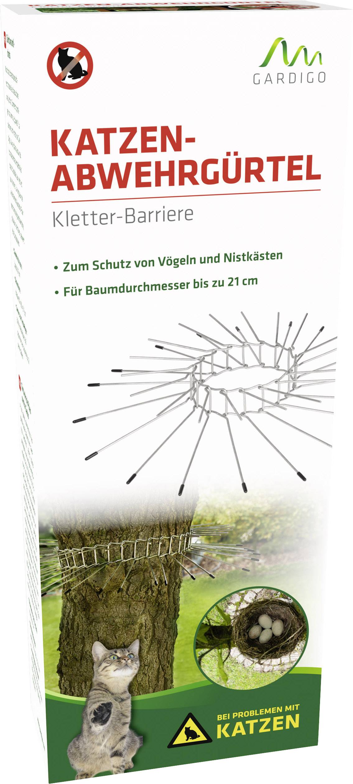 Verpackung eines 'Katzen-Abwehrgürtels' von Gardigo. Zeigt Installation am Baum, zum Schutz von Vögeln und Nistkästen, für Durchmesser bis 21 cm.