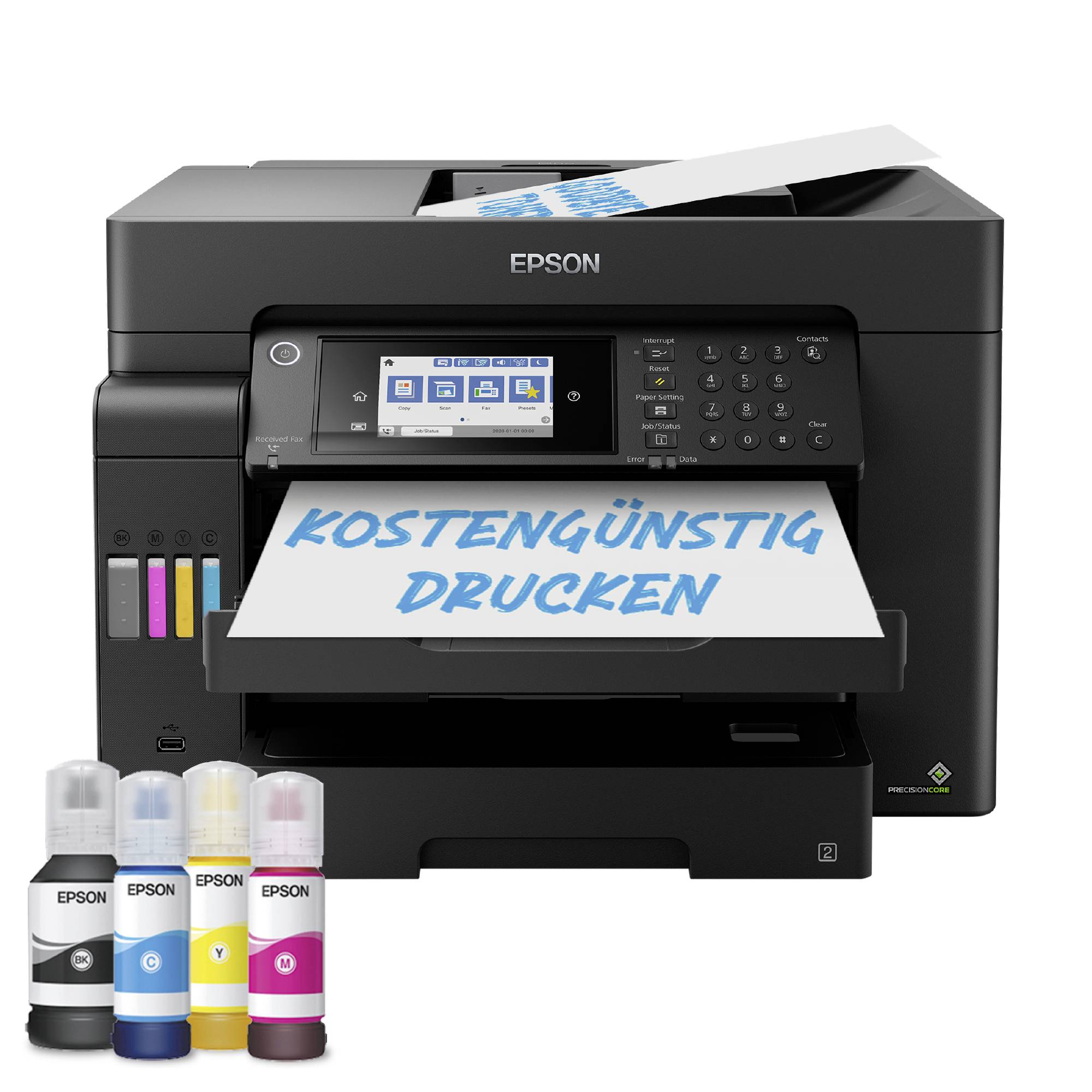 Ein Epson-Drucker druckt ein Blatt mit dem Text 'Kostengünstig drucken'. Daneben stehen vier Patronen in Schwarz, Gelb, Blau und Magenta.