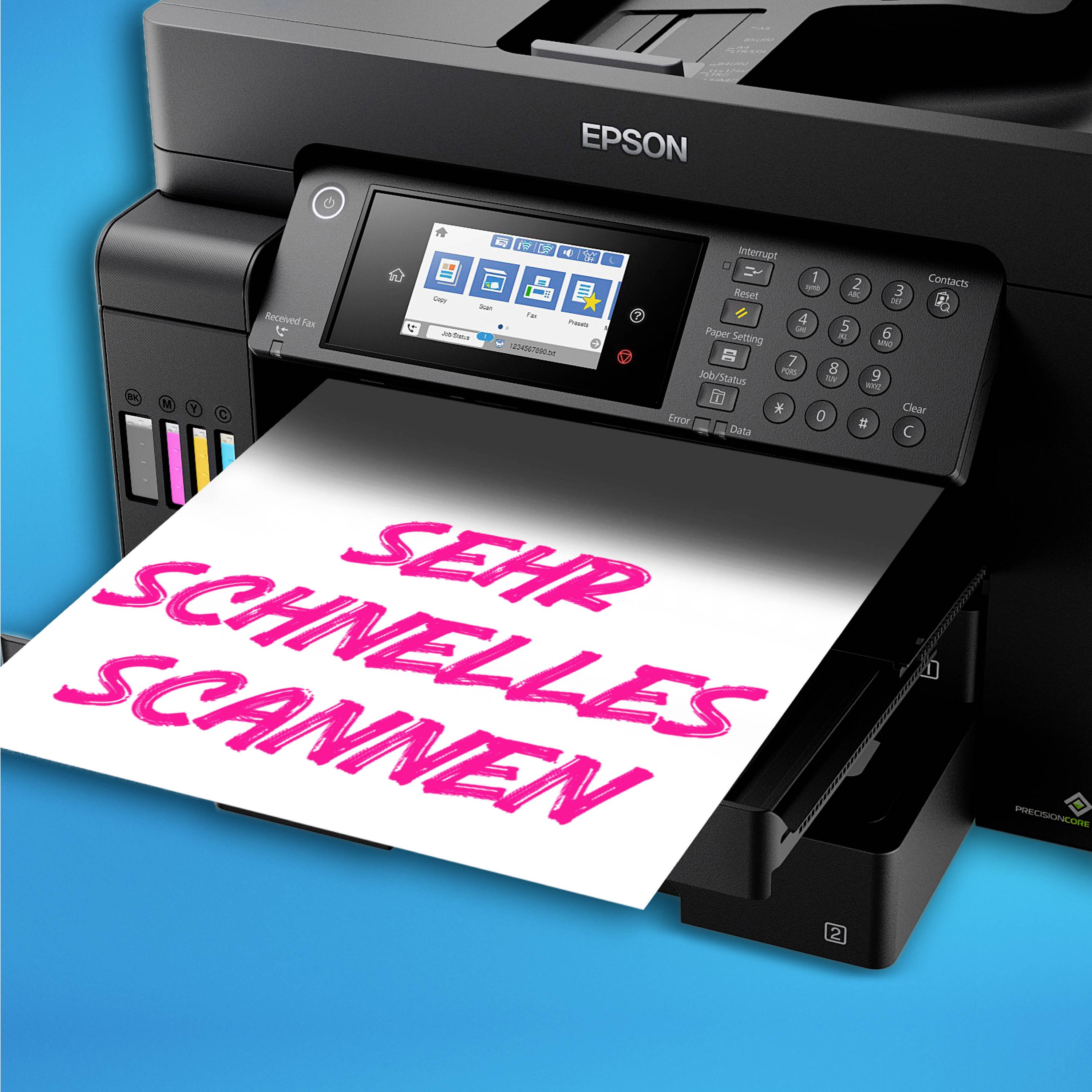 Ein Multifunktionsdrucker druckt ein Blatt Papier mit der Aufschrift 'SEHR SCHNELLES SCANNEN'. Das Display zeigt Bedienoptionen.