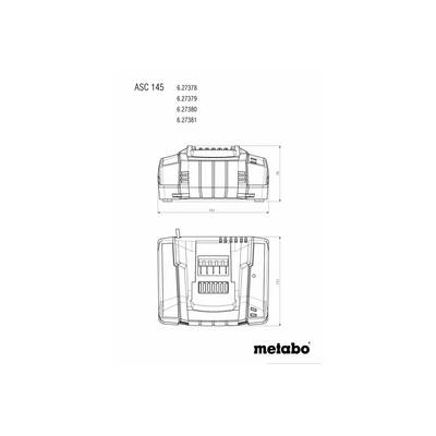 Zeichnung eines Metabo ASC 145 Ladegeräts mit Modellnummern 6.23778, 6.23779, 6.23780, 6.23781, zeigt Draufsicht und Abmessungen.