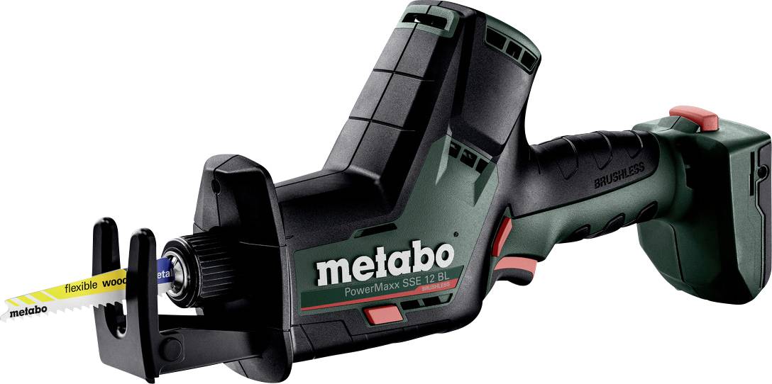 Metabo Akku-Säbelsäge mit montiertem Sägeblatt, in Seitenansicht auf weißem Hintergrund dargestellt.