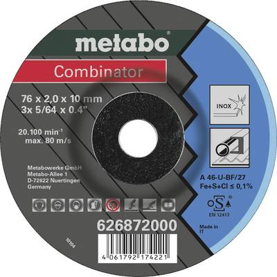 'Trennscheibe Metabo Combinator, 76 x 2,0 x 10 mm. Max. Drehzahl 20.100 min⁻¹. Infos zur Zusammensetzung: Fe+S+Cl ≤ 0,1%. Made in IT.'