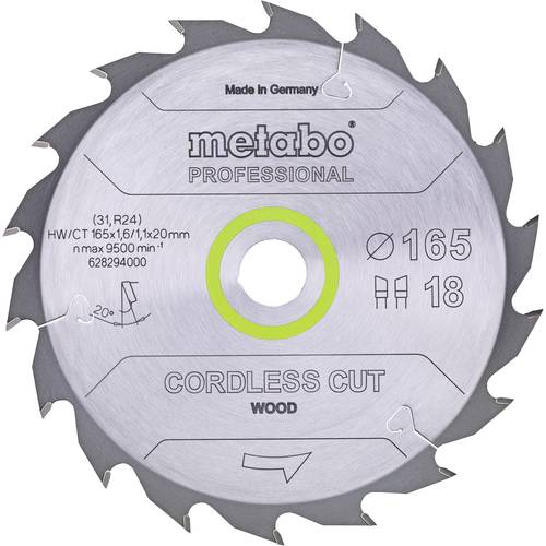 Metabo CORDLESS CUT WOOD 628294000 Kreissägeblatt 165 x 20 x 1.1 mm Zähneanzahl: 18 1 St.