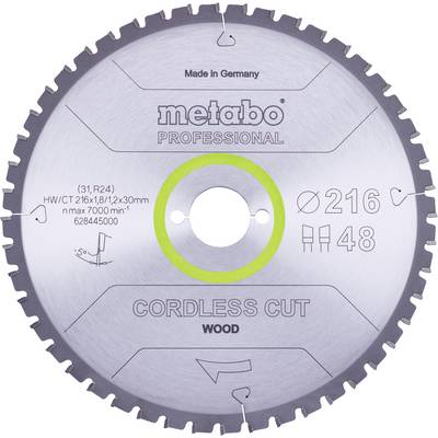Kreissägeblatt 'metabo PROFESSIONAL CORDLESS CUT'. Geeignet für Holz, Durchmesser 216 mm, 48 Zähne, max. 7000 U/min.