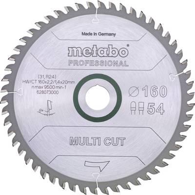 Kreissägeblatt von Metabo, Modell 'Multi Cut', Durchmesser 160 mm, Zähneanzahl 54. Geeignet für präzise Schnitte in Holz und Kunststoff.