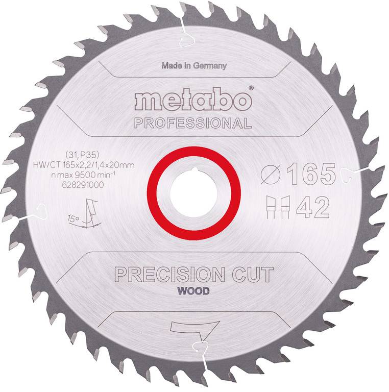 Metabo Professional Präzisions-Holz-Kreissägeblatt, Beschriftung 165 mm, 42 Zähne, max. 9500 U/min, mit zentralem Arbor-Loch.