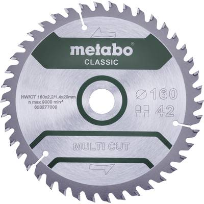 Kreissägeblatt mit 42 Zähnen, Durchmesser 160 mm, für Multi Cut-Anwendungen, Marke 'metabo CLASSIC', max. 9000 U/min.