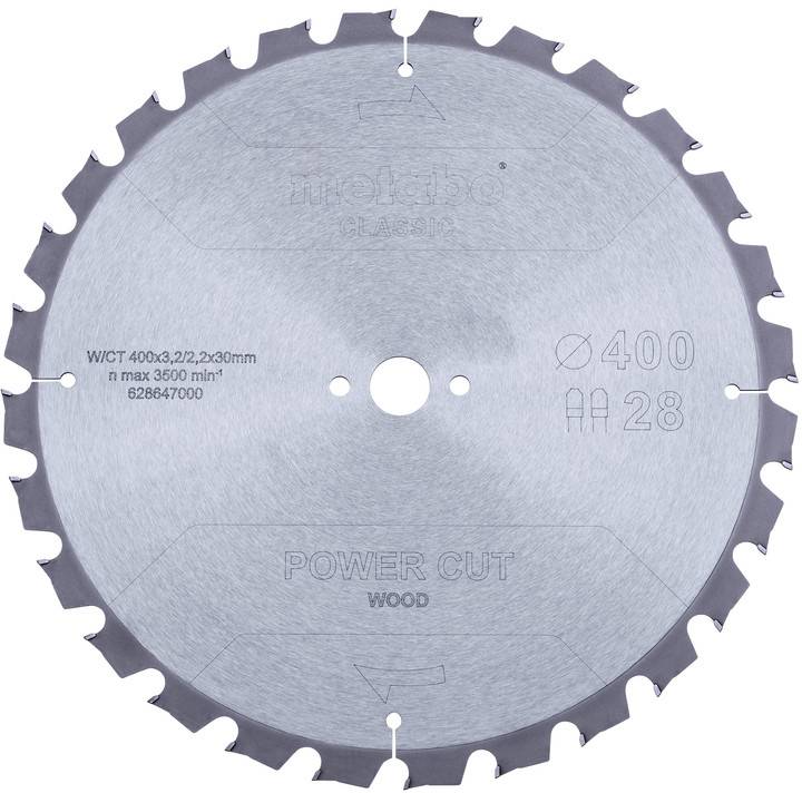 Kreissägeblatt mit Hartmetallzähnen für Holz, Bezeichnung 'POWER CUT', Durchmesser 400 mm, 28 Zähne, mit Befestigungsloch in der Mitte.