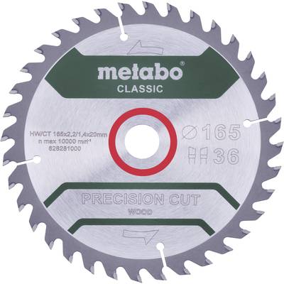 Kreissägeblatt mit 36 Zähnen, Durchmesser 165 mm, ideal für Holz. Text 'metabo CLASSIC' und 'PRECISION CUT WOOD'.