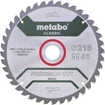 'Metabo' Kreissägeblatt mit 40 Zähnen, geeignet für Holz. Durchmesser: 216 mm, Bohrung: 30 mm. Max. 7000 U/min. Modell: Classic Precision Cut.