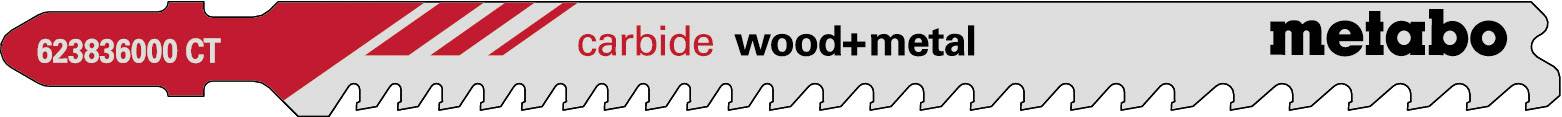 'Säbelsägeblatt Metabo 628966000 CT für Holz und Metall, rot-graues Design mit Aufschrift «carbide wood+metal».'