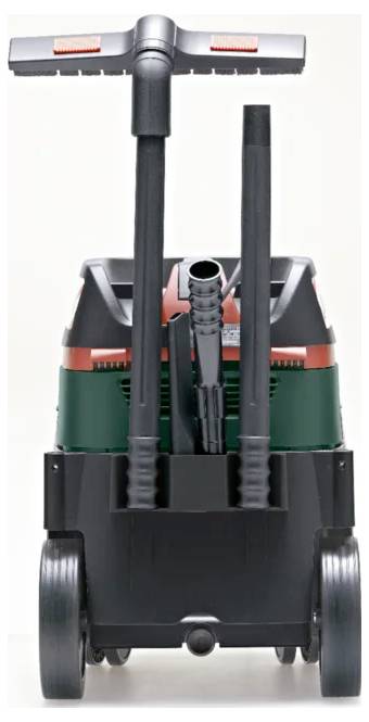 Ein Rad-Staubsauger mit angebrachten Schläuchen und einer Düse, entworfen für industrielle oder schwere Reinigungsarbeiten.