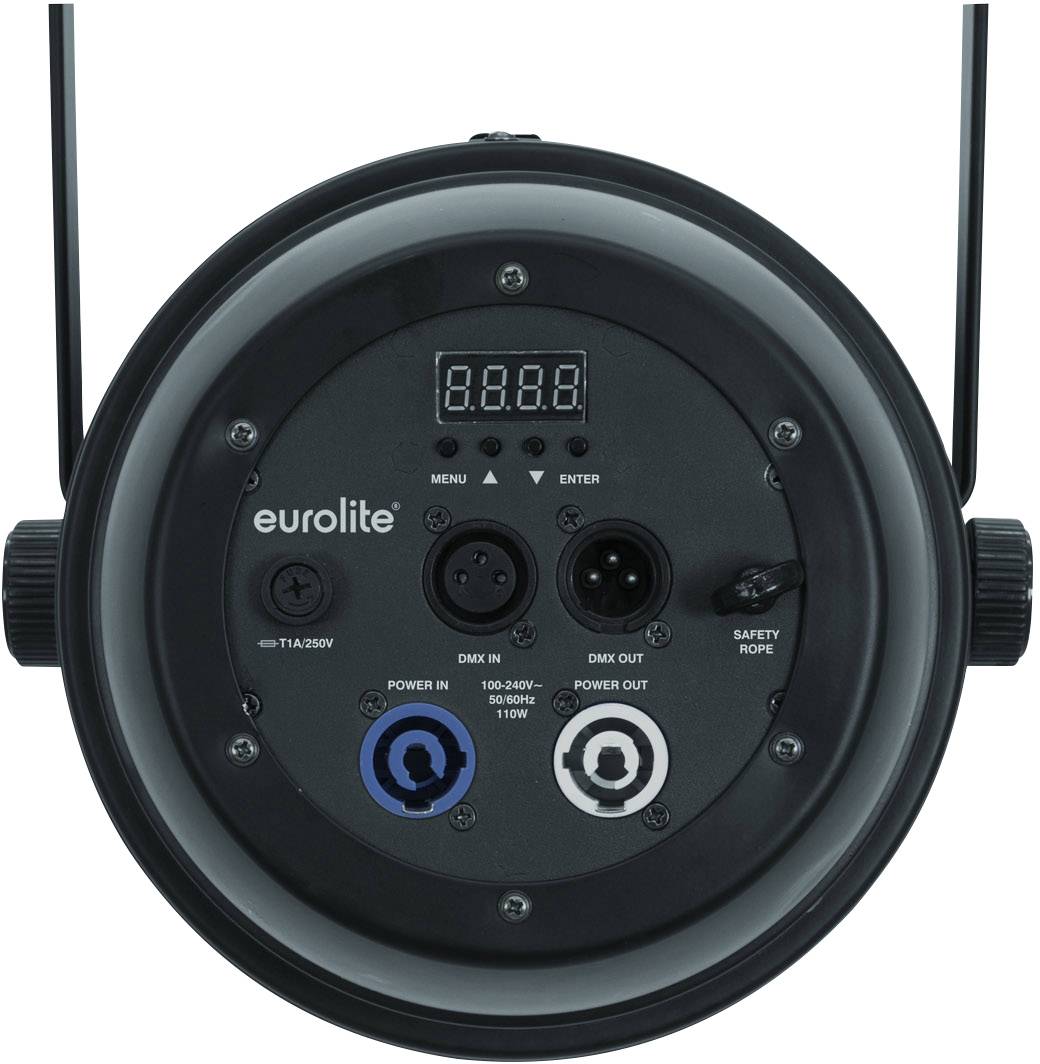 Rückseite eines Eurolite Bühnenlichts mit Anschlüssen für Strom und DMX. Zeigt Bedienelemente, digitales Display und Sicherheitsseil.