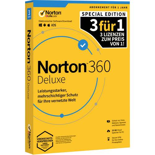 Norton Life Lock Norton™ 360 Deluxe Special Edition Jahreslizenz, 3 Lizenzen Windows, Mac, Android, iOS Sicherheits-Soft...