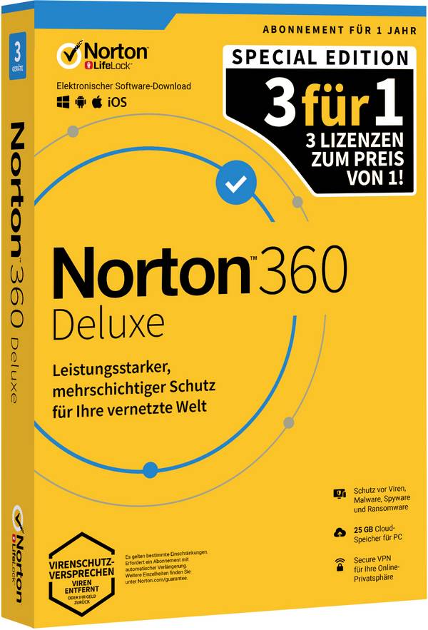 Norton Norton™ 360 Deluxe Special Edition Jahreslizenz, 3 Lizenzen Windows, Mac, Android, iOS Sicherheits-Software