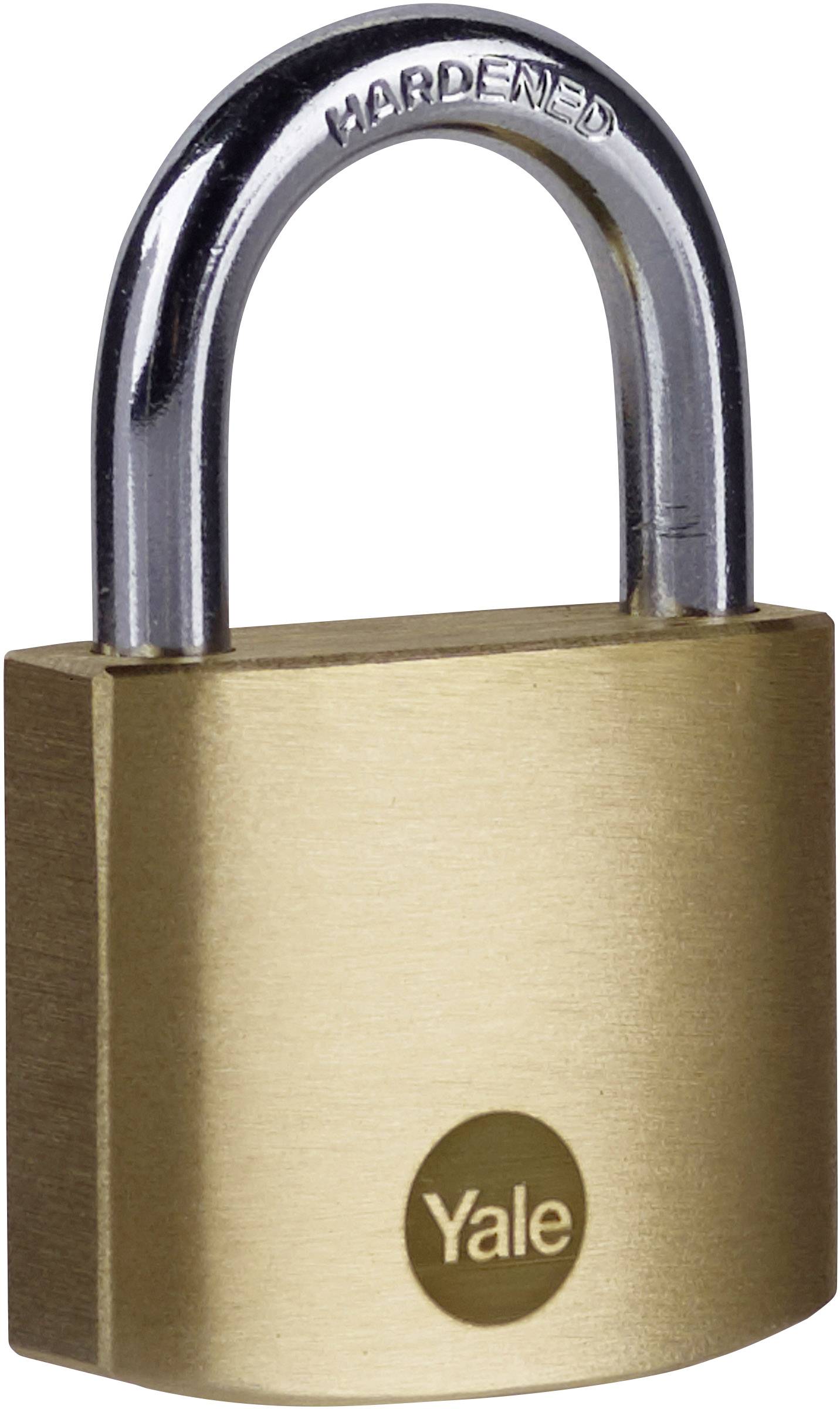 Ein goldfarbenes Vorhängeschloss mit silbernem Bügel. Oben steht 'HARDENED'; auf dem Schlosskorpus steht 'Yale'.