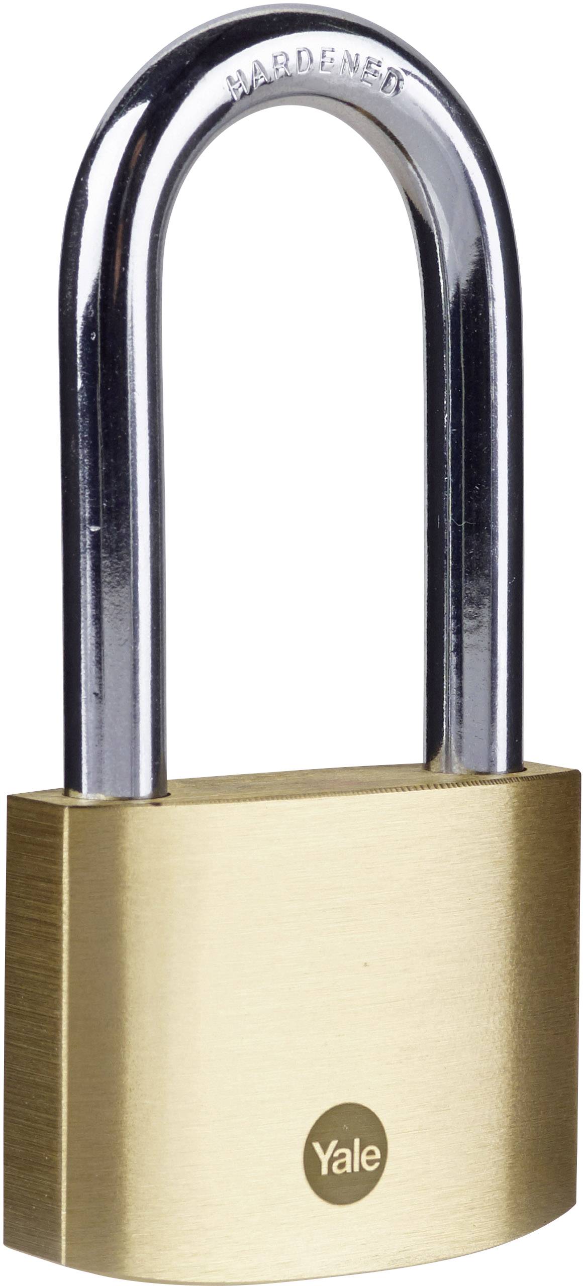 Ein Vorhängeschloss in Gold mit einem silbernen Bügel, graviert mit dem Wort 'HARDENED'. Auf dem Schloss ist das Logo einer Marke.