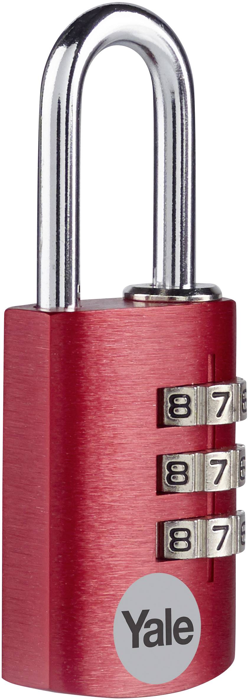 Ein rotes Zahlenkombinationsschloss mit silbernem Bügel und drei Zahlenrädern, jedes auf '7' eingestellt, mit dem Logo 'Yale'.