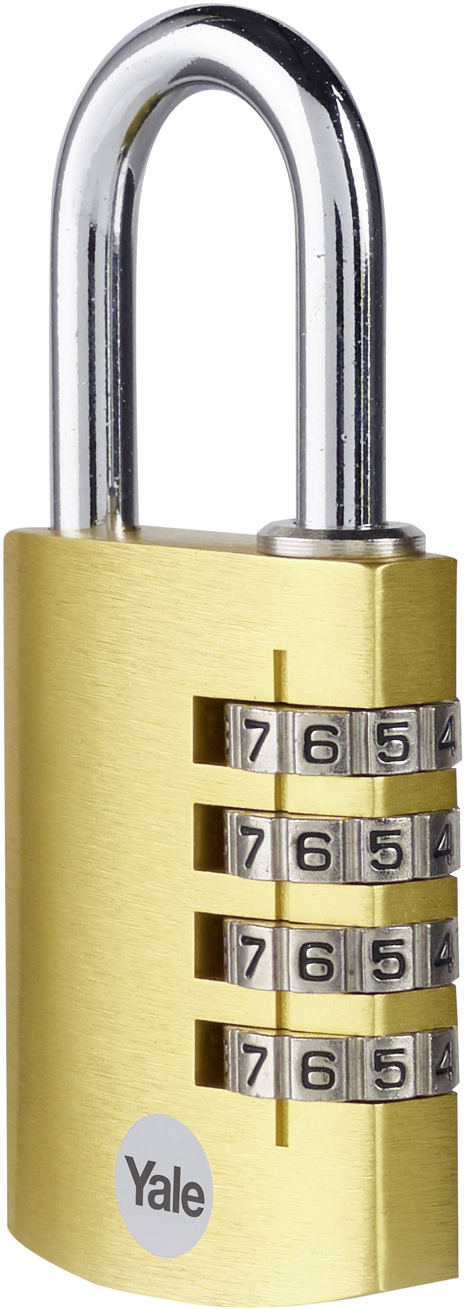 Ein goldenes Vorhängeschloss mit vierstelliger Zahlenkombination, zeigt '7654', Marke 'Yale' unten sichtbar.