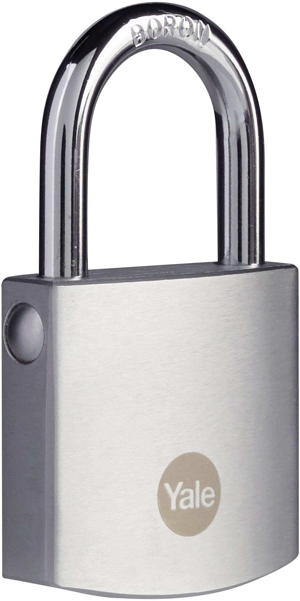 Ein silbernes Vorhängeschloss mit der Aufschrift 'Yale' auf der Vorderseite.