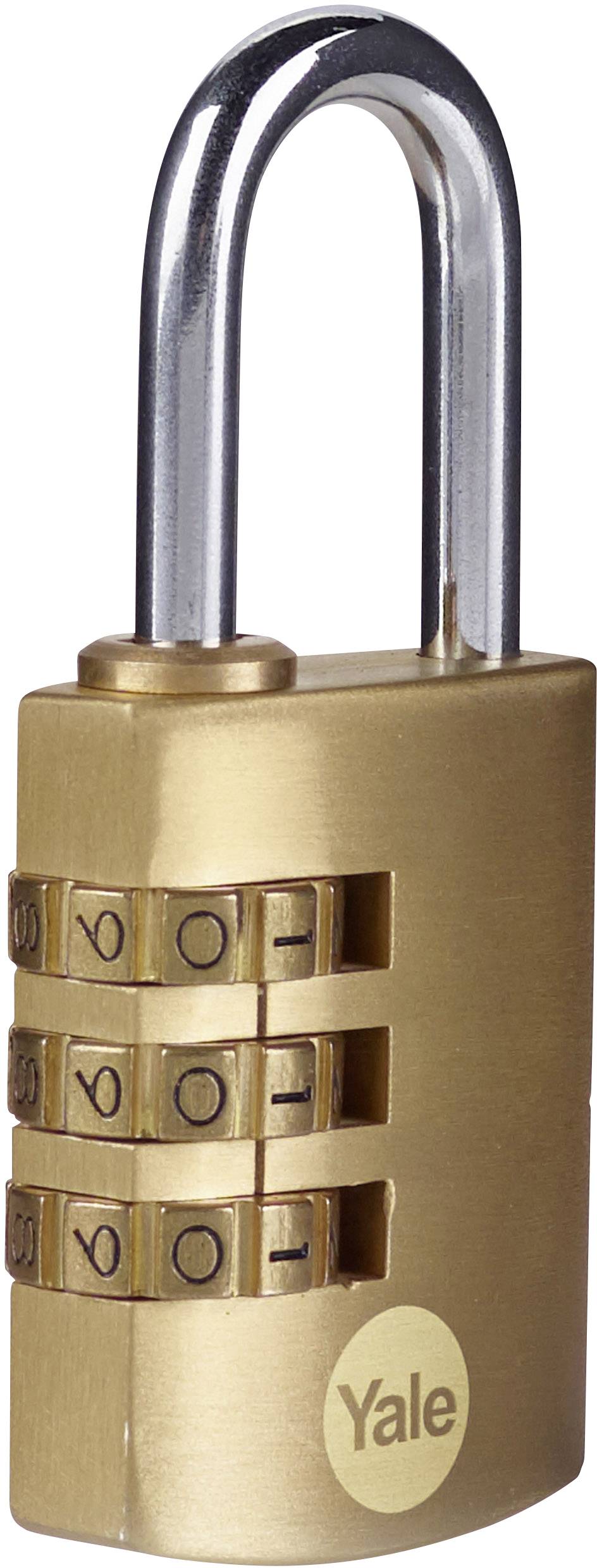 Goldenes Zahlenschloss mit drei Zahlenrädern und 'Yale' Logo, verwendet zur Sicherung von Eigentum durch numerische Kombinationen.
