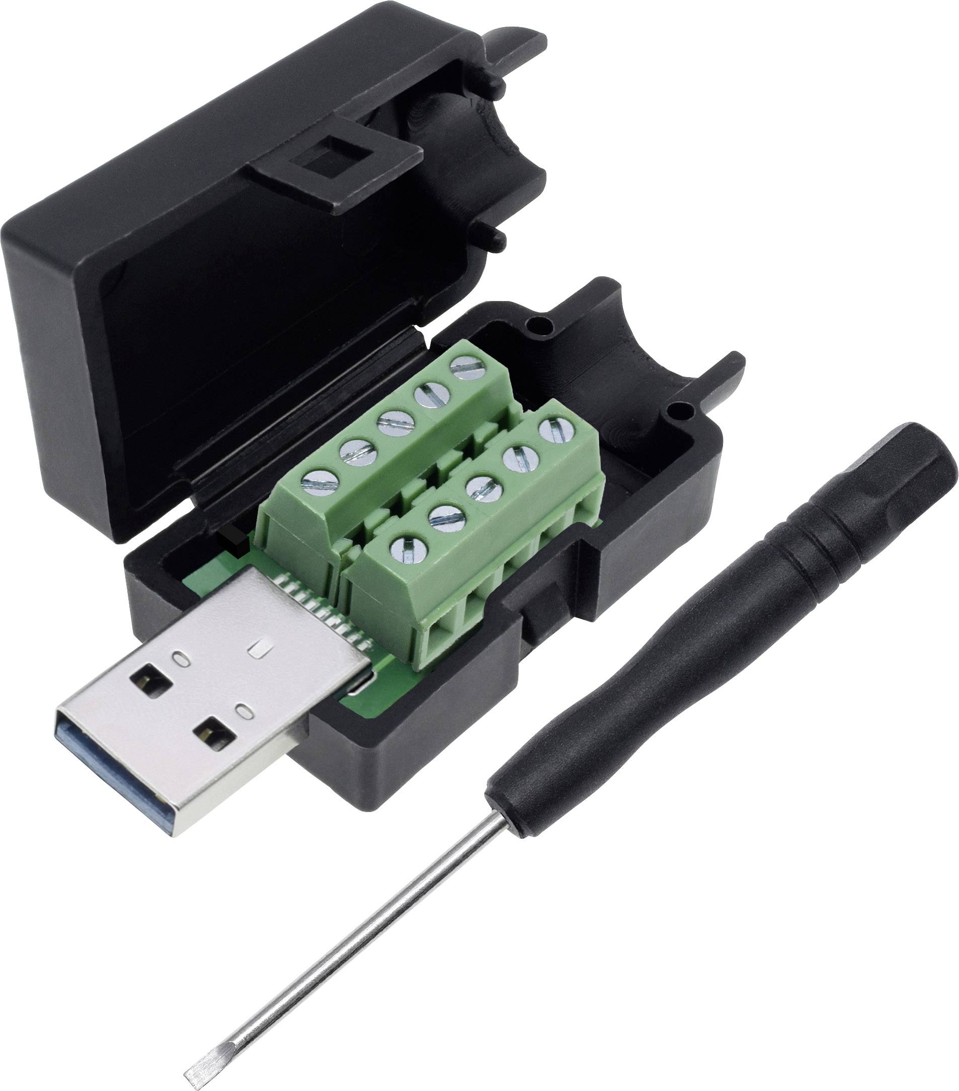 USB-Stecker mit offenem Gehäuse zeigt grüne Klemmleiste für Drahtanschlüsse. Daneben liegt ein kleiner Schraubendreher.
