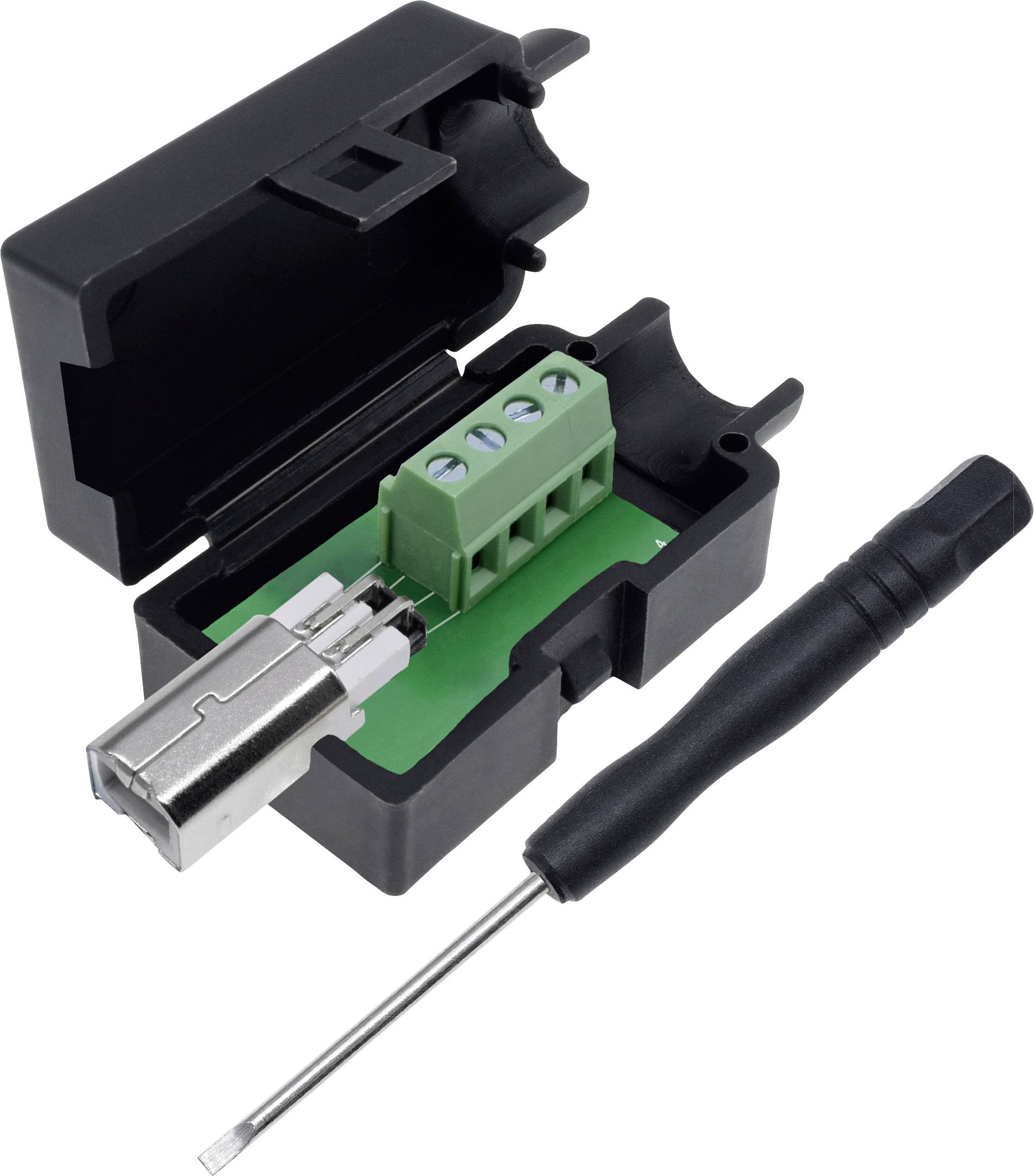 Adapter zur Verbindung von RJ45-Stecker mit Schraubklemmen, gezeigt neben einem kleinen Schraubendreher, auf weißem Hintergrund.