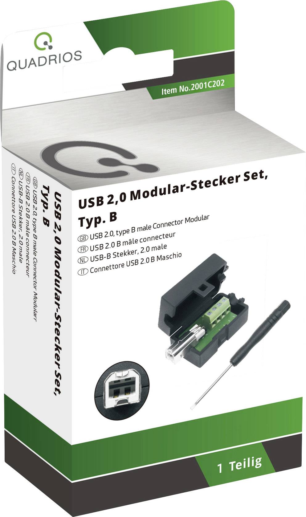'Quadrios USB 2.0 Modular-Stecker Set, Typ B' Verpackung mit Abbildung eines Steckers, Schraubenzieher und USB-Buchse. Enthält Einzelteilangaben.