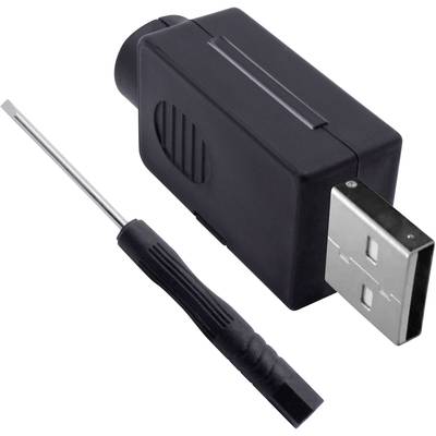 'USB-Ladegerätadapter' mit einem schwarzen, rechteckigen Gehäuse und einem abnehmbaren Metallstecker. Daneben liegt ein Schraubendreher.