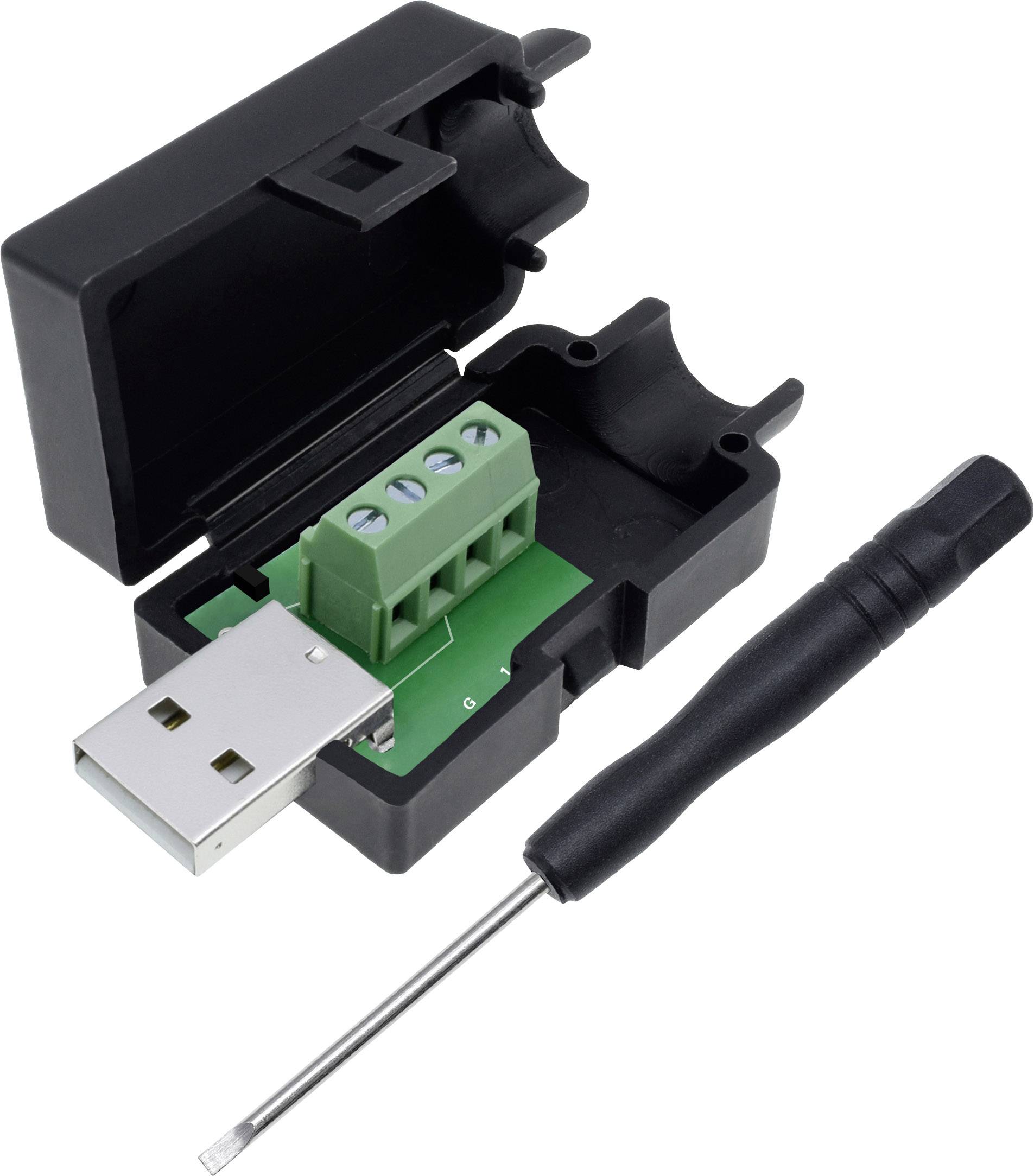 Ein offenes schwarzes USB-Gehäuse mit freiliegendem grünen Anschlusspanel, darunter ein kleiner schwarzer Schraubenzieher.
