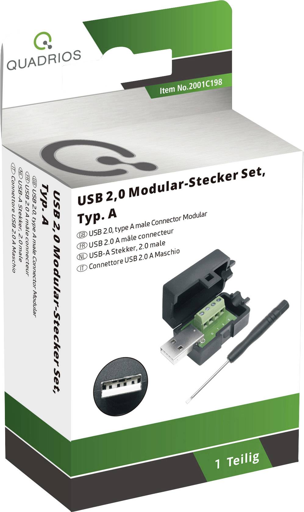 Verpackung eines USB 2.0 Modular-Stecker Sets, Typ A, mit abgebildetem Steckerteil und Werkzeug. Produktname: 'Quadrios USB 2.0'.