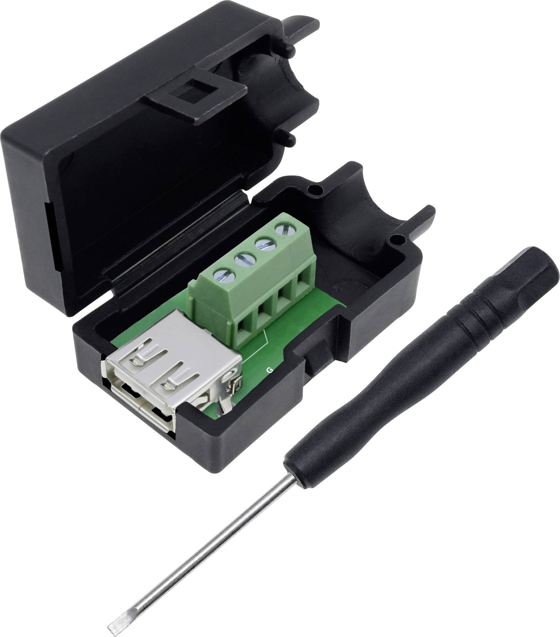Ein aufgeschraubter Adaptergehäuse mit USB-Anschluss und grüner Klemmleiste. Daneben liegt ein kleiner Schraubendreher.