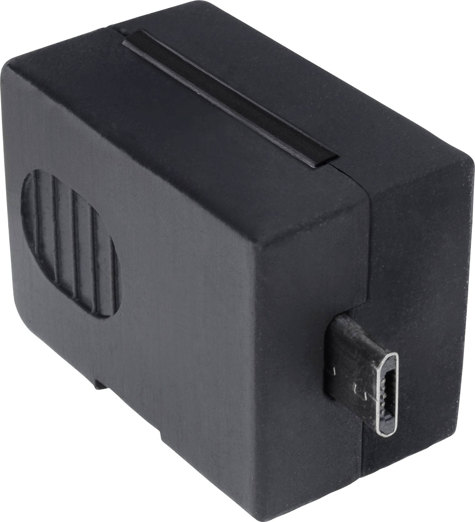 Ein schwarzes, rechteckiges Gerät mit einem USB-Anschluss an der Seite.