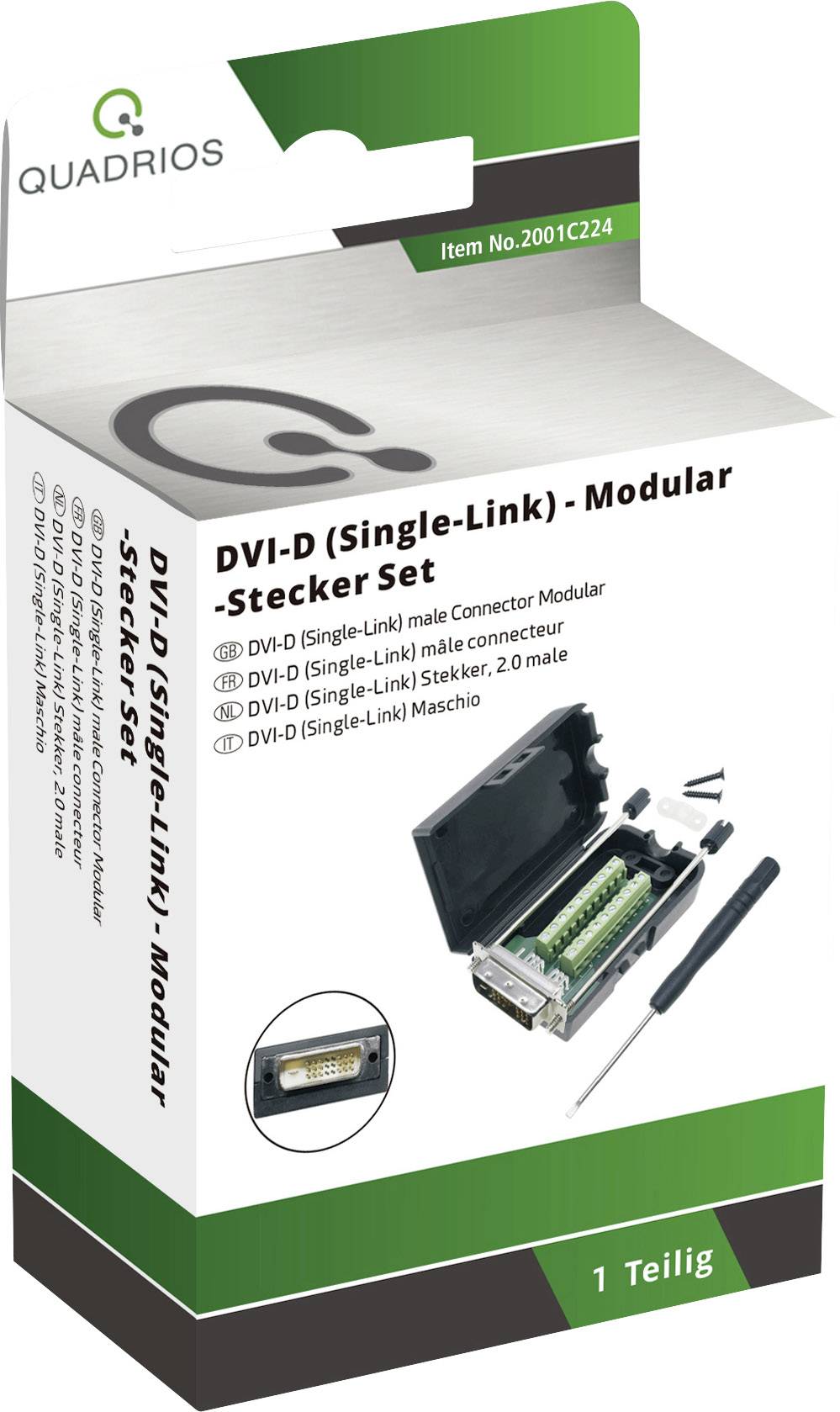 Verpackung eines DVI-D (Single-Link) Modular-Steckerset von Quadrios, enthält Stecker und Werkzeug, Artikelnummer 2001C224.