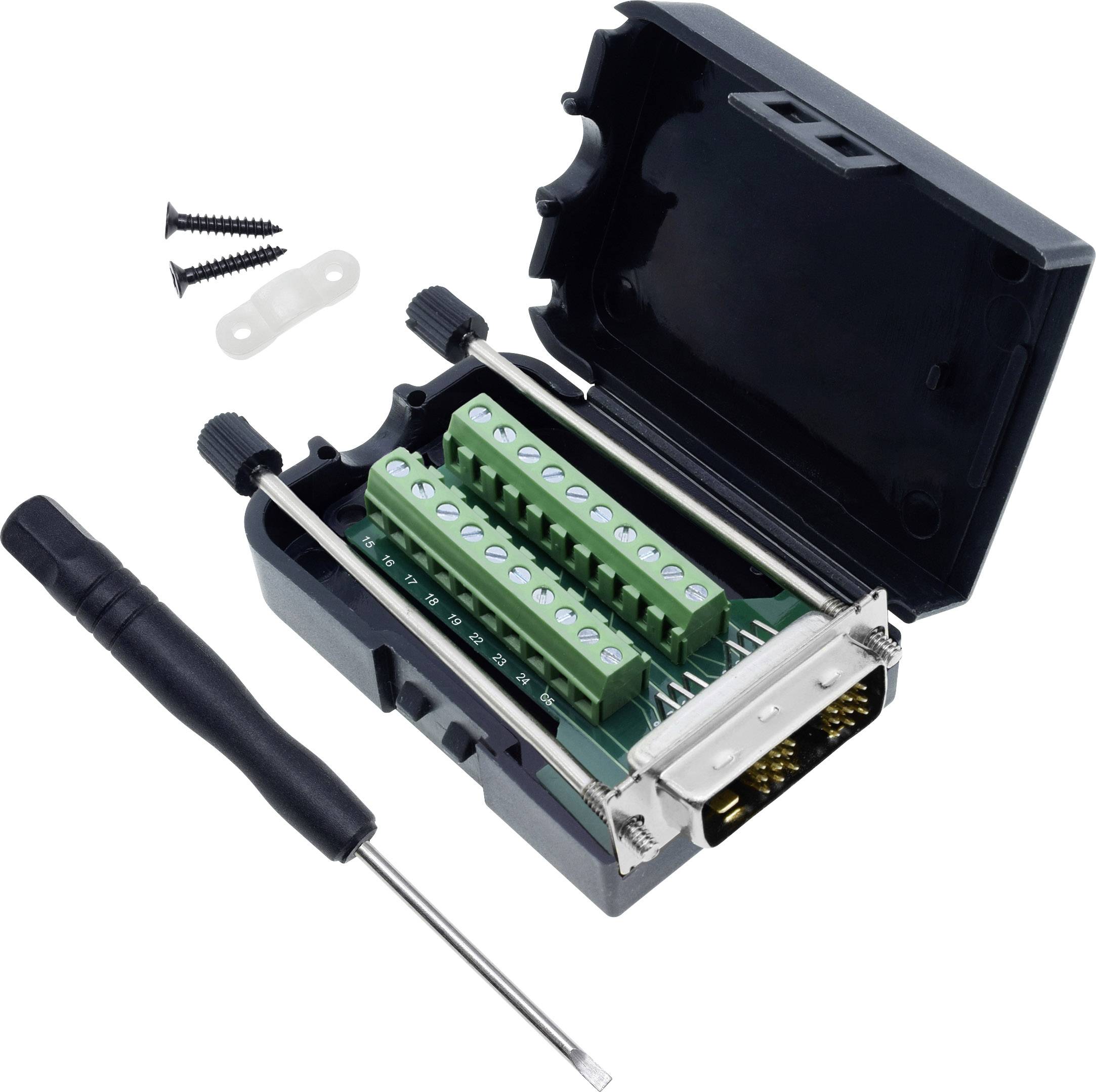 Ein offenes DB9-Anschlussgehäuse mit Schraubanschlüssen, komplett mit einem kleinen Schraubendreher, zwei Schrauben und einem weißen Kabelhalter.