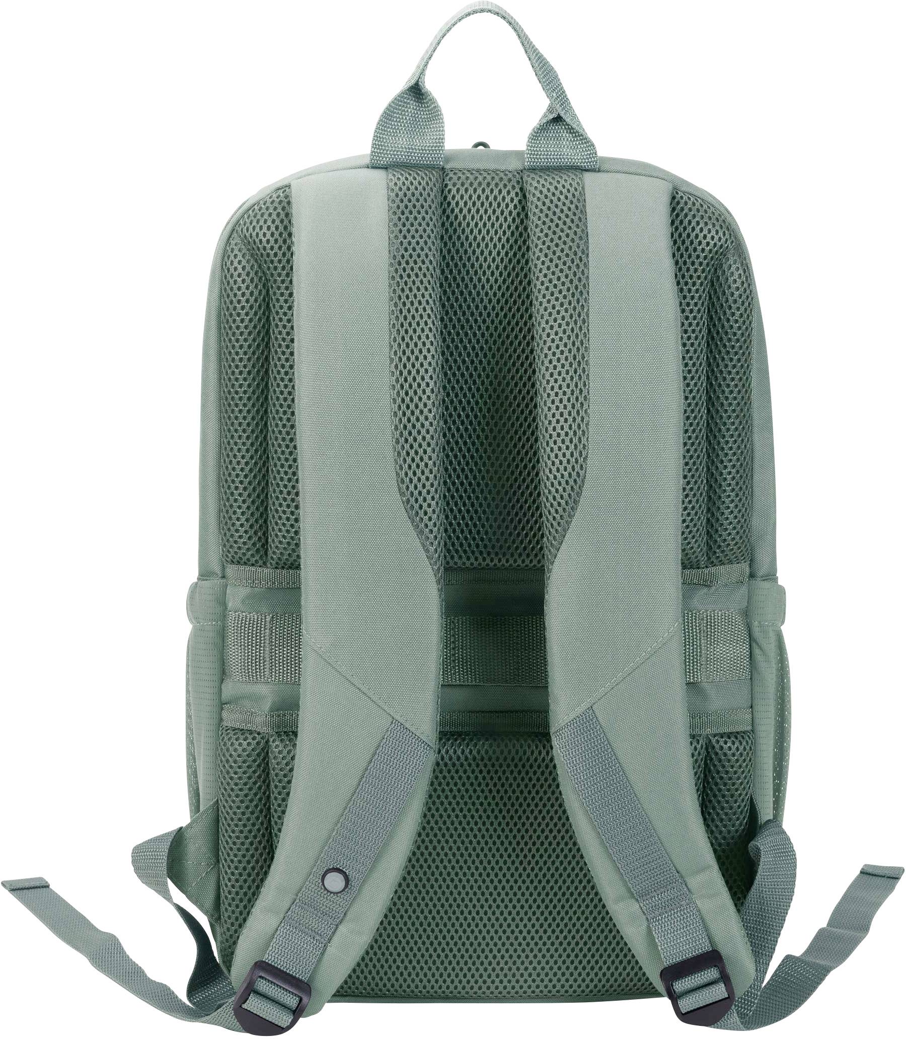 Grüner Rucksack von hinten, mit verstellbaren Schulterriemen und gepolstertem Rücken. Ideal für Schule oder Reisen.